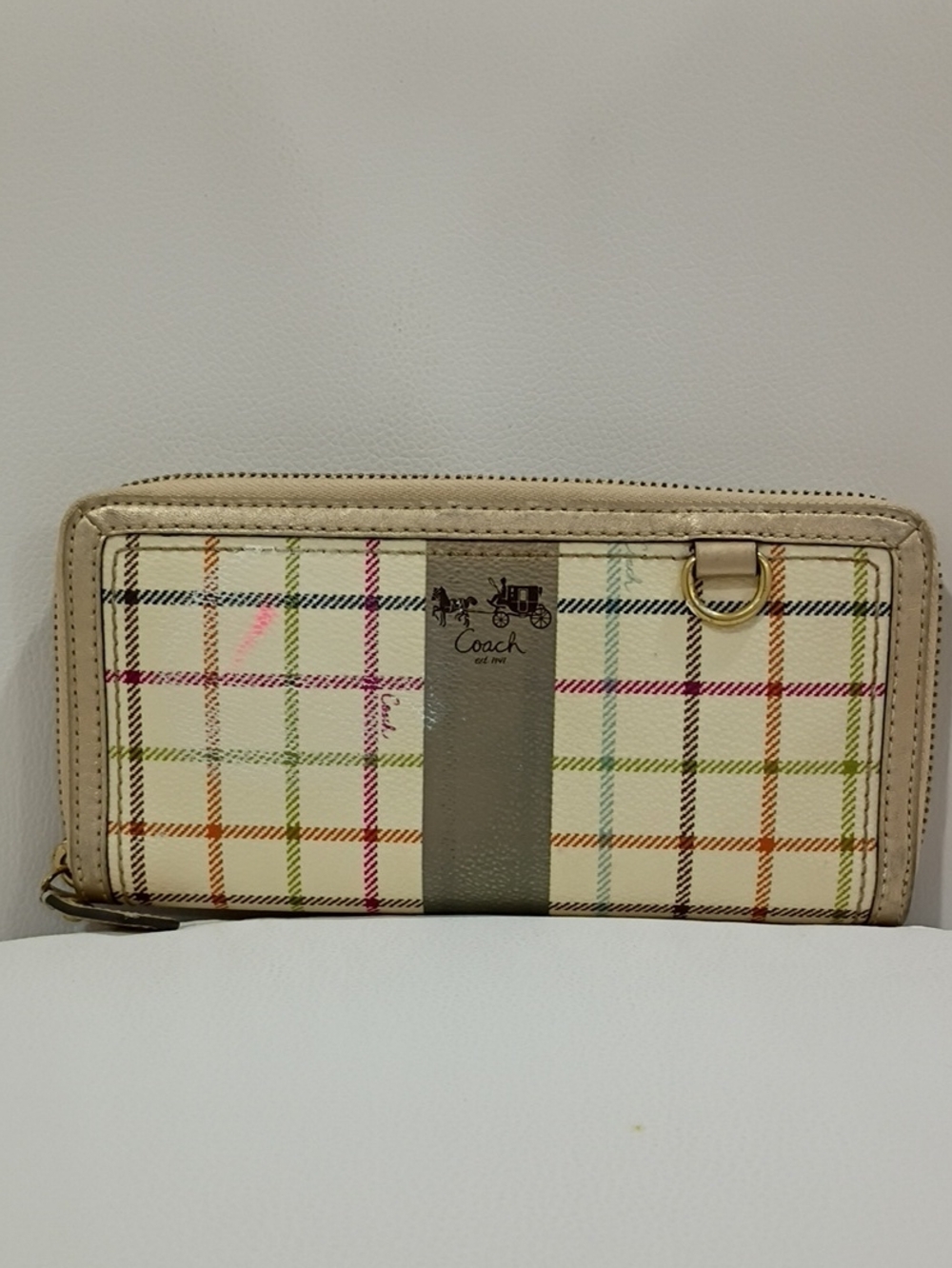 Coach Cream Multicolor Plaid Zip Wallet with Tan Trim